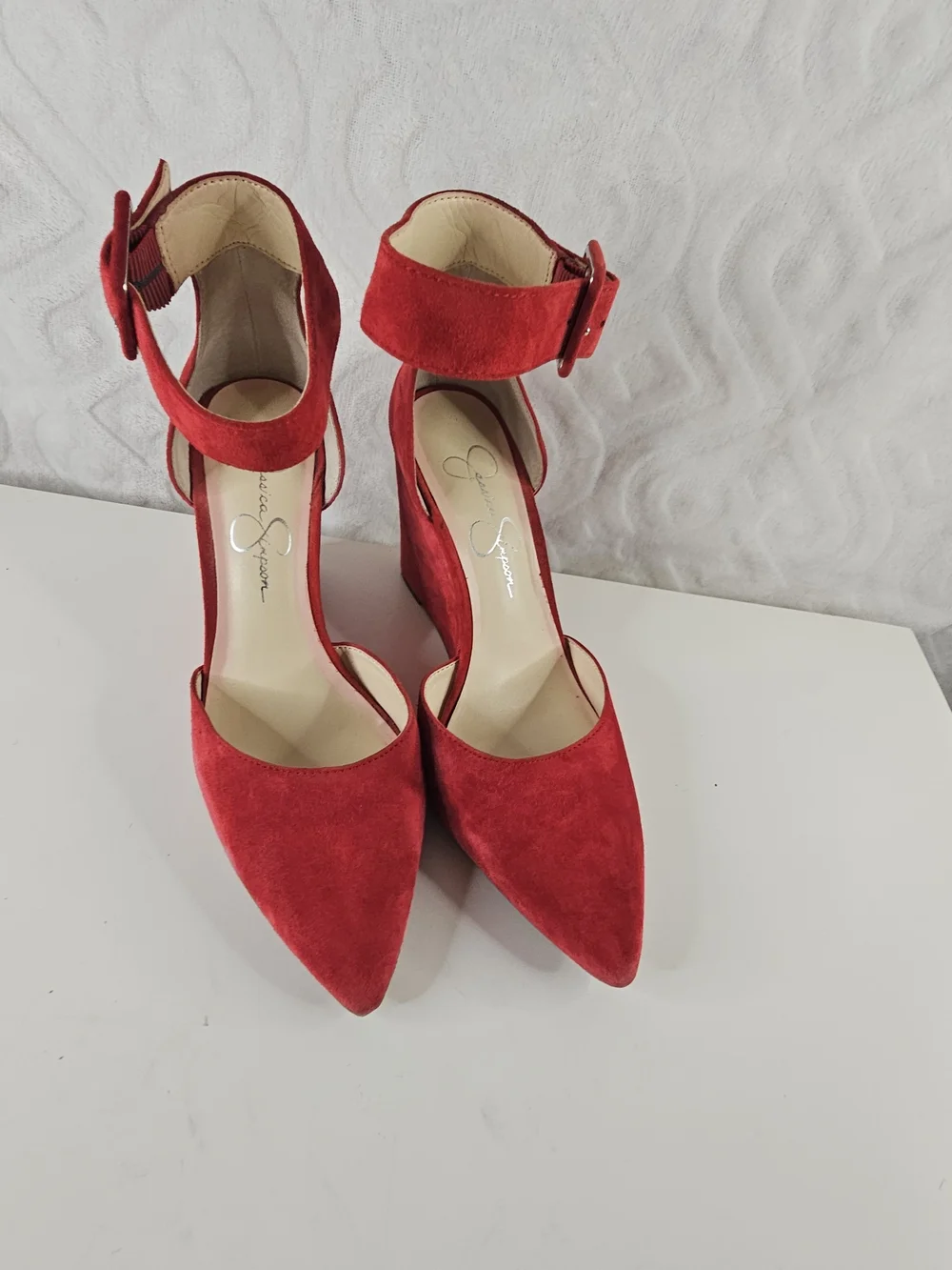 Jessica Simpson Red Suede Ankle-Strap Pointed-Toe Heels -
